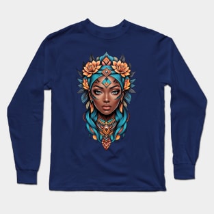 Black Woman Tribal retro vintage tattoo floral design Long Sleeve T-Shirt